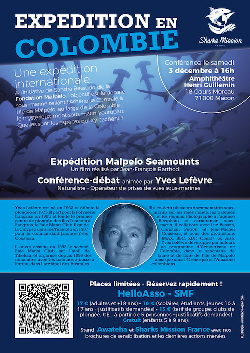 Conférence d'Yves Lefevre et projection du film Expédition Malpelo Seamounts de J F Barthod, samedi 3 décembre à 16h à Macon (71)